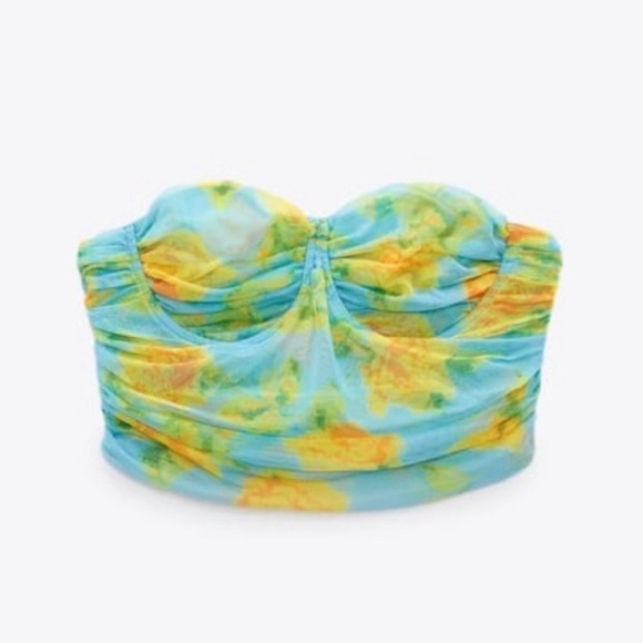 Zara blue yellow floral flower ruched strapless bandeau bustier crop top L NWT - Picture 5 of 15